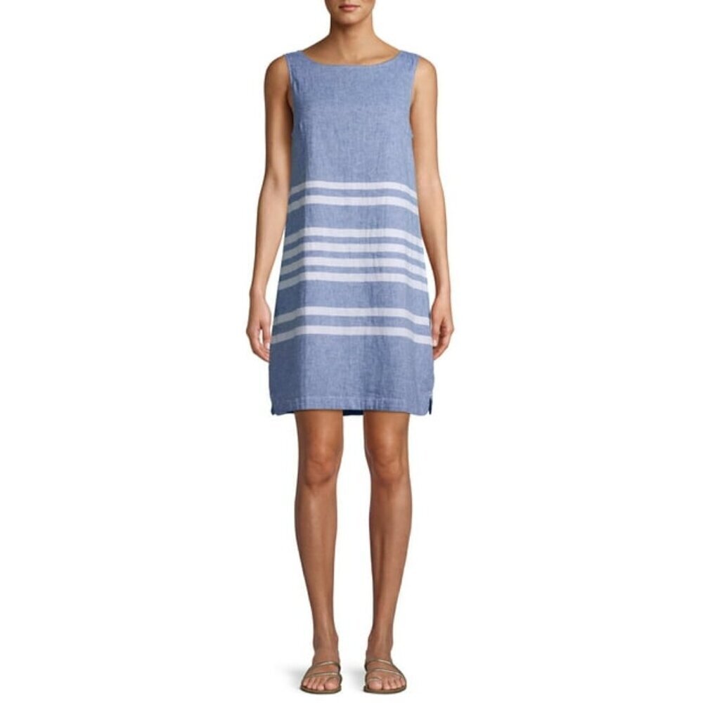 Beachlunchlounge Blue White Linen Blend Alina Sleeveless Shift Dress Size S